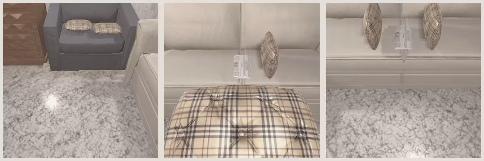 Three ALFWorld task views show two pillows and their sofa destination.